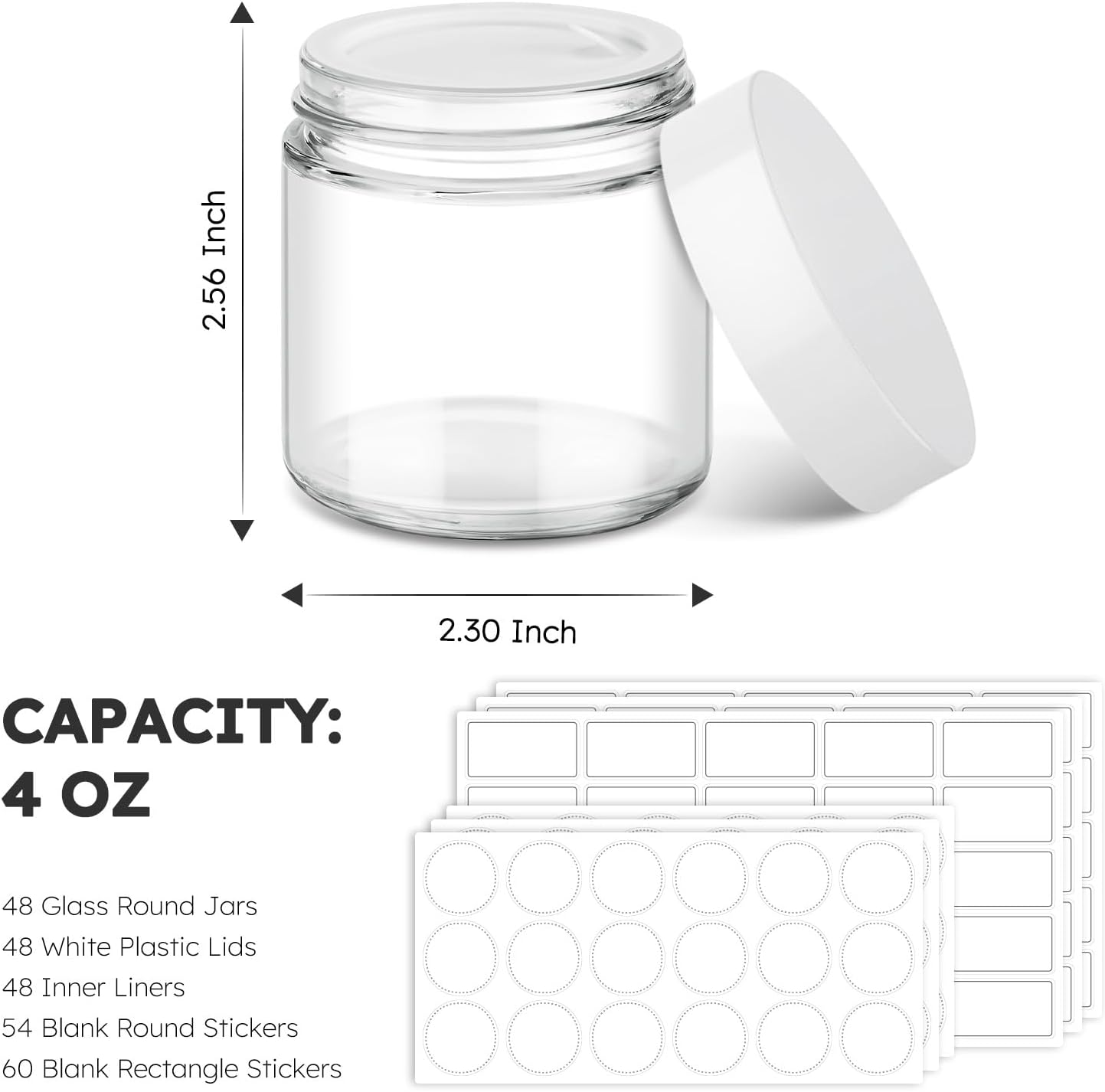 Tecohouse 4 oz Glass Jars with Lids, 48 Pack Clear Cream Canning Mason Jars with Lids, White Labels & Inner Liners, Empty Airtight Round Clear Slime Containers for Spice, Lotion, Ointments
