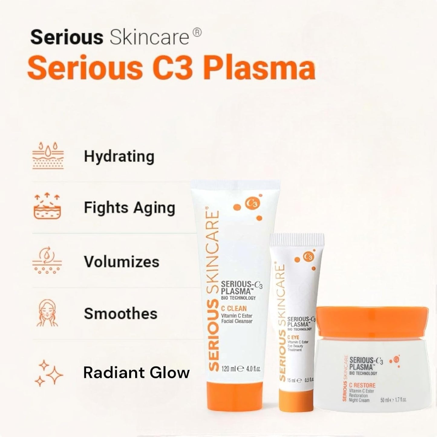 Vitamin C & Collagen Skin Care Set - Reduce Wrinkles, Brightening - C-Restore Night Cream Moisturizer for Face, Eye Treatment Gel & C Clean Face Cleanser - Deep Hydration - Serious Skincare C3