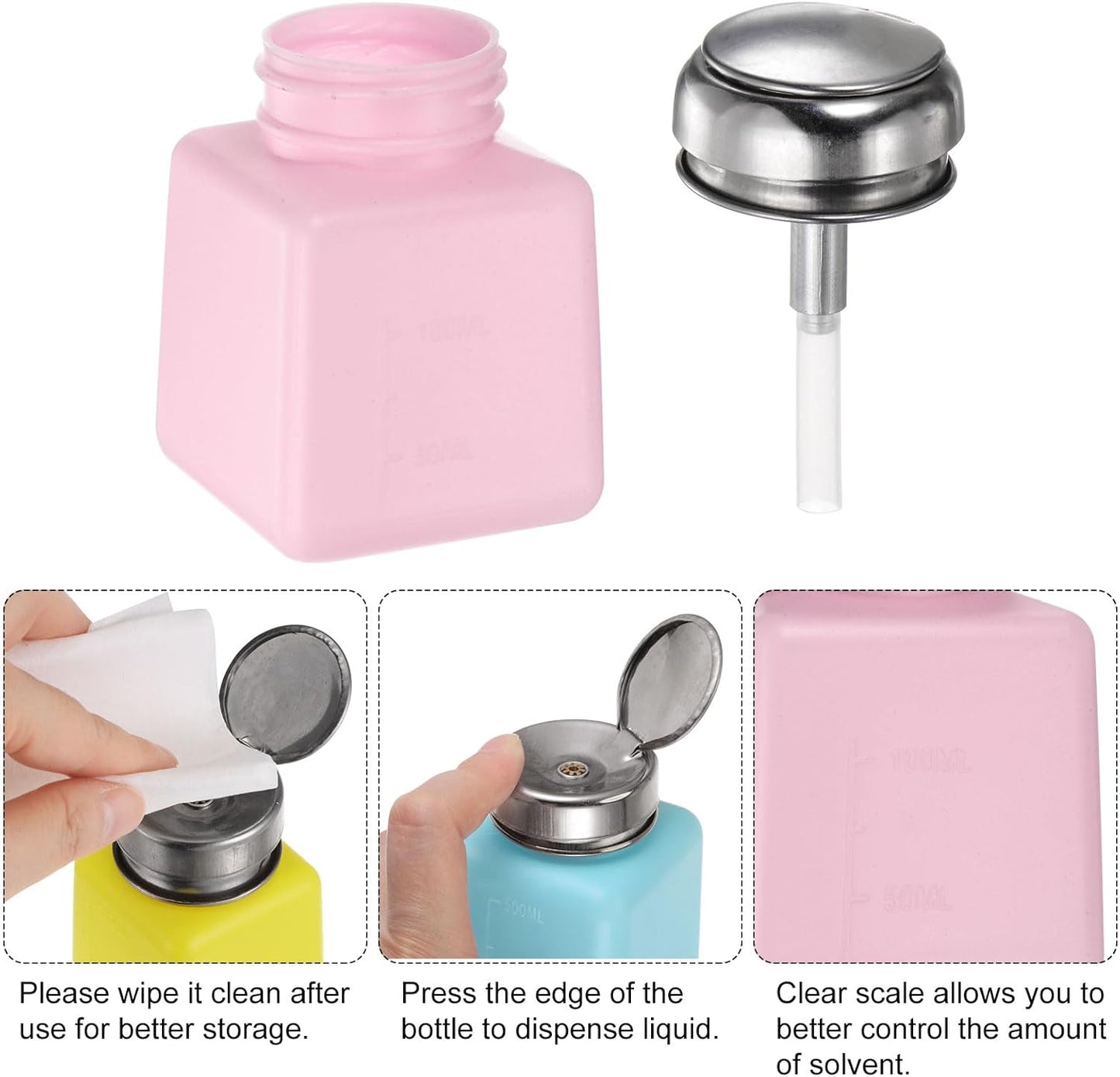 HARFINGTON 4PCS 100ML(3.4oz) Push Down Alcohol Dispenser Pump Liquid Press Empty Bottles Refillable Container for Acetone Cleanser Nail Polish Remover, Pink