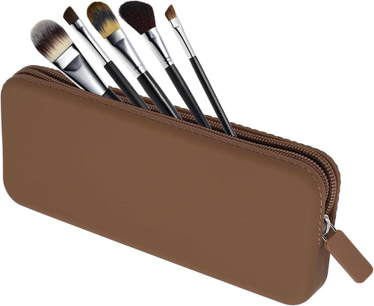 Sakolla Travel Makeup Brush Holder, Silicone Makeup Brush Bag with Zipper Closure, Makeup Brushes Organizer Case Washable Makeup Pouch Holder Case for Daily, Work, Essentials (Brown)