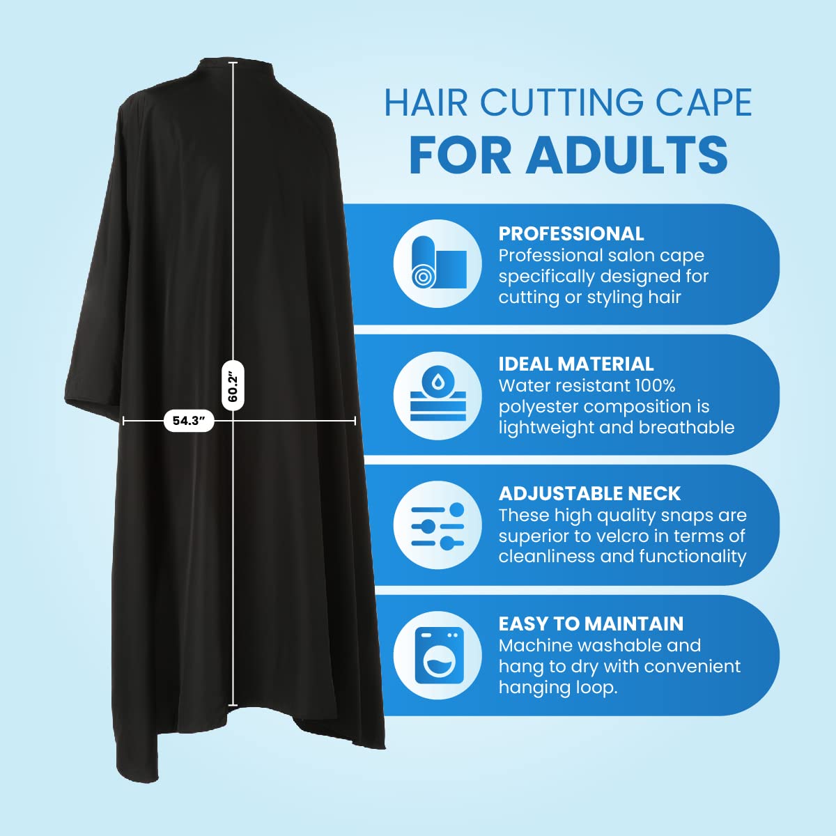 Hair Cutting Cape - Large Lightweight Water Resistant Salon Cape with Snap Closure - 60in x 57.5in for Adults (Black)