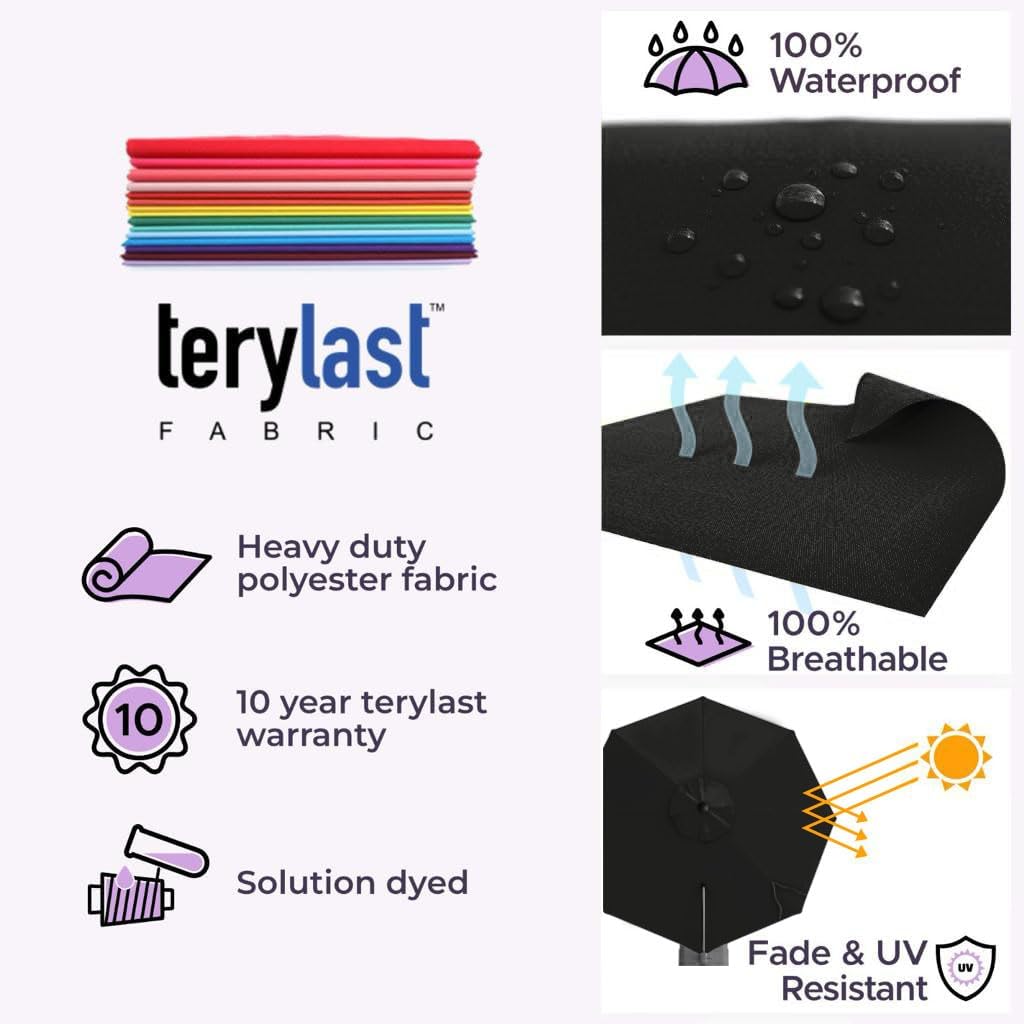 Midtown Umbrellas 10 Ft Outdoor Cantilever Patio Umbrella w/Terylast Ebony Black Fabric - Rotate 360° Offset Patio Umbrella, Deck Patio Umbrella, Backyard Umbrella & Garden Umbrella - Silver Frame