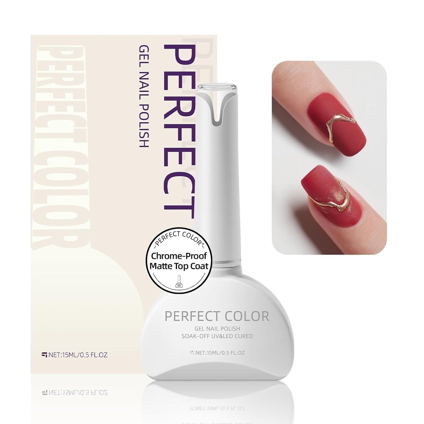 PERFECT COLOR Chrome-Proof Matte Top Coat, UV/LED Cured Gel Nail Polish, Anti-Stick Long-Lasting Formula, 0.5 Fl Oz