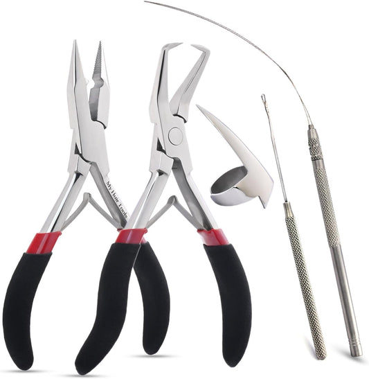 Silver Professional Hair Extension Tools Kit - Complete Set with Microbeads Crimping Plier, Micro Ring & Tape-in Remover Plier, Hair Parting Tool, Bead Loop & Needle Pulling Hook