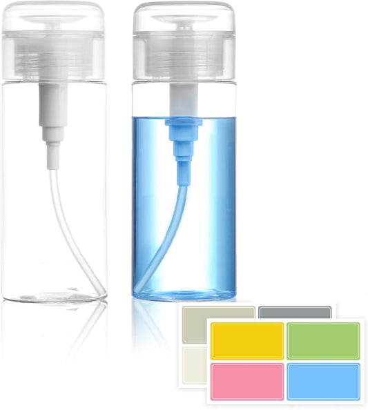 3 Pack Push Down Pump Dispenser,Clear Push Top Empty Bottles with DIY Stickers for Alcohol,Nail Polish,Makeup Remover,Toner (150ml-2pcs)