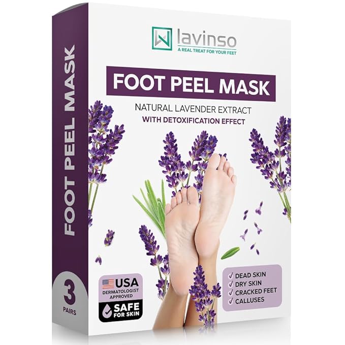 Lavinso Lavender Foot Exfoliator Peeling Mask for Dry Cracked Feet - 3 Pack - Remove Dead Skin and Callus - Foot Peel Mask for Baby Soft Feet