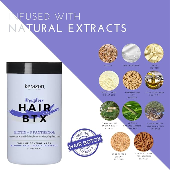 KERAZON Blonde Brazilian Hair BTX Treatment Purple Mask Platinum Effect & Silver Hair Providing Smoothing, Deep Hydration, Anti-Brass, Shine, Softness, Volume And Frizz Control. Salon Size.
