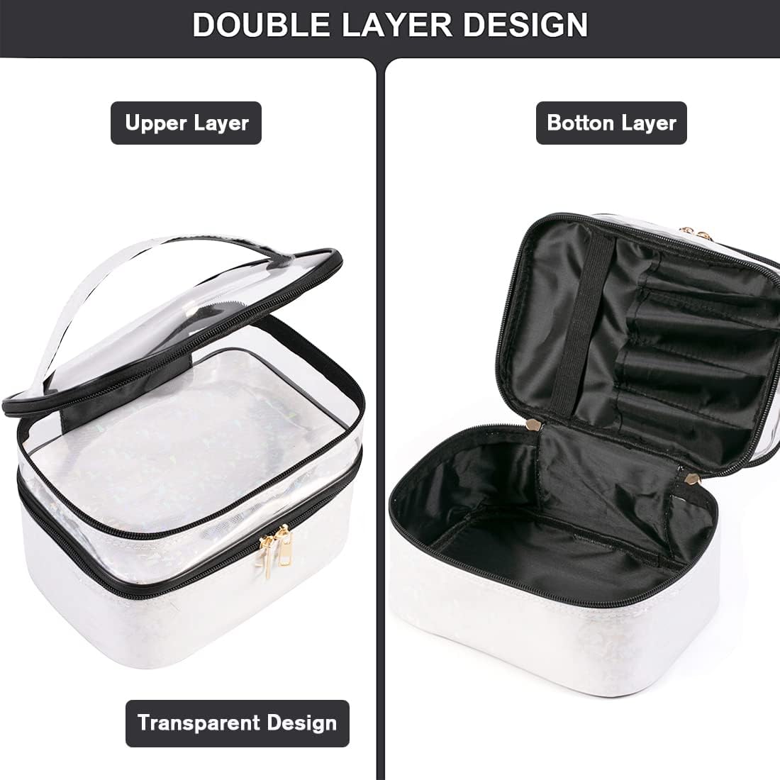 FITINI Makeup Bags Double Layer Travel Storage Cosmetic Cases Make up Organizer Toiletry Bags Water-resistant for Women Makeup Brush Bag (White Holographic)