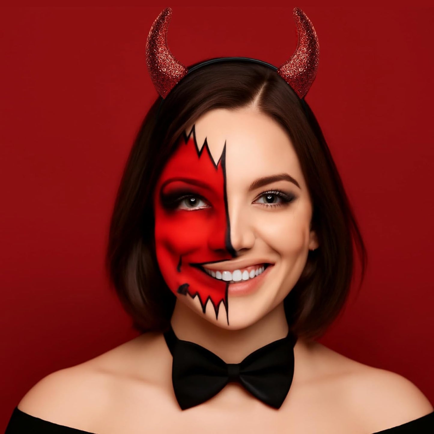 Red Face Paint Halloween Makeup Kit,Devil Horns Headband for Kids,1.01oz Water-Based Red Body Paint+Black Lipstick+Sponge+Devil Glitter Headband,Cream Face Paint Stick for Costume