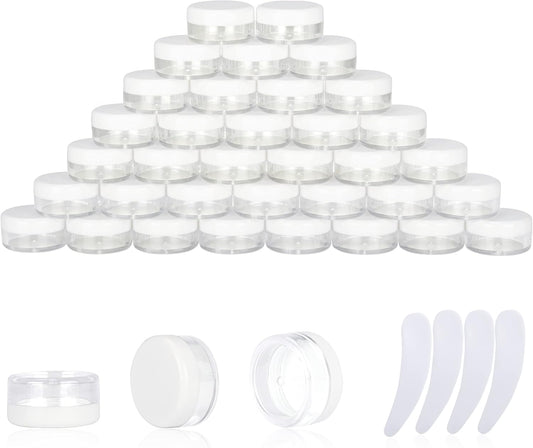 50PCS 3 Gram Sample Containers, 3ml Empty Jars with Lids, Small Cosmetic Containers, Mini Sample Jars with 4PCS Mini Spatulas for Make Up, Oils, Lotion, Powder, Paint, Jewelry, Lip Balms(White Lid)