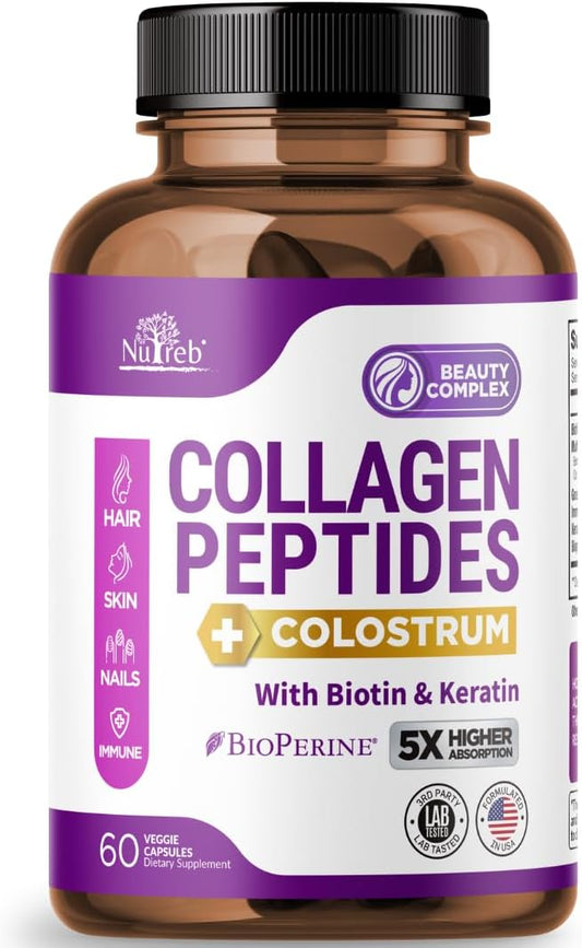 Collagen Peptides for Women with Colostrum, Biotin and Keratin - Type I, II, III, V, X - 5X Higher Absorption - Hair Skin and Nails Vitamins - Collagen for Women - Collagen Pills - 60 Capsules