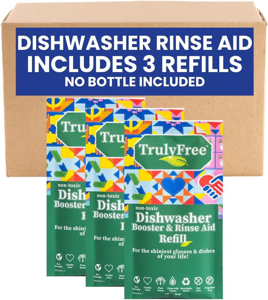 Truly Free Natural Dishwasher Booster & Rinse Aid - Non-Toxic Dishwashing Aid Formula, Removes Residue & Tough Dish Stains, Water Spot Remover - Pack of 3