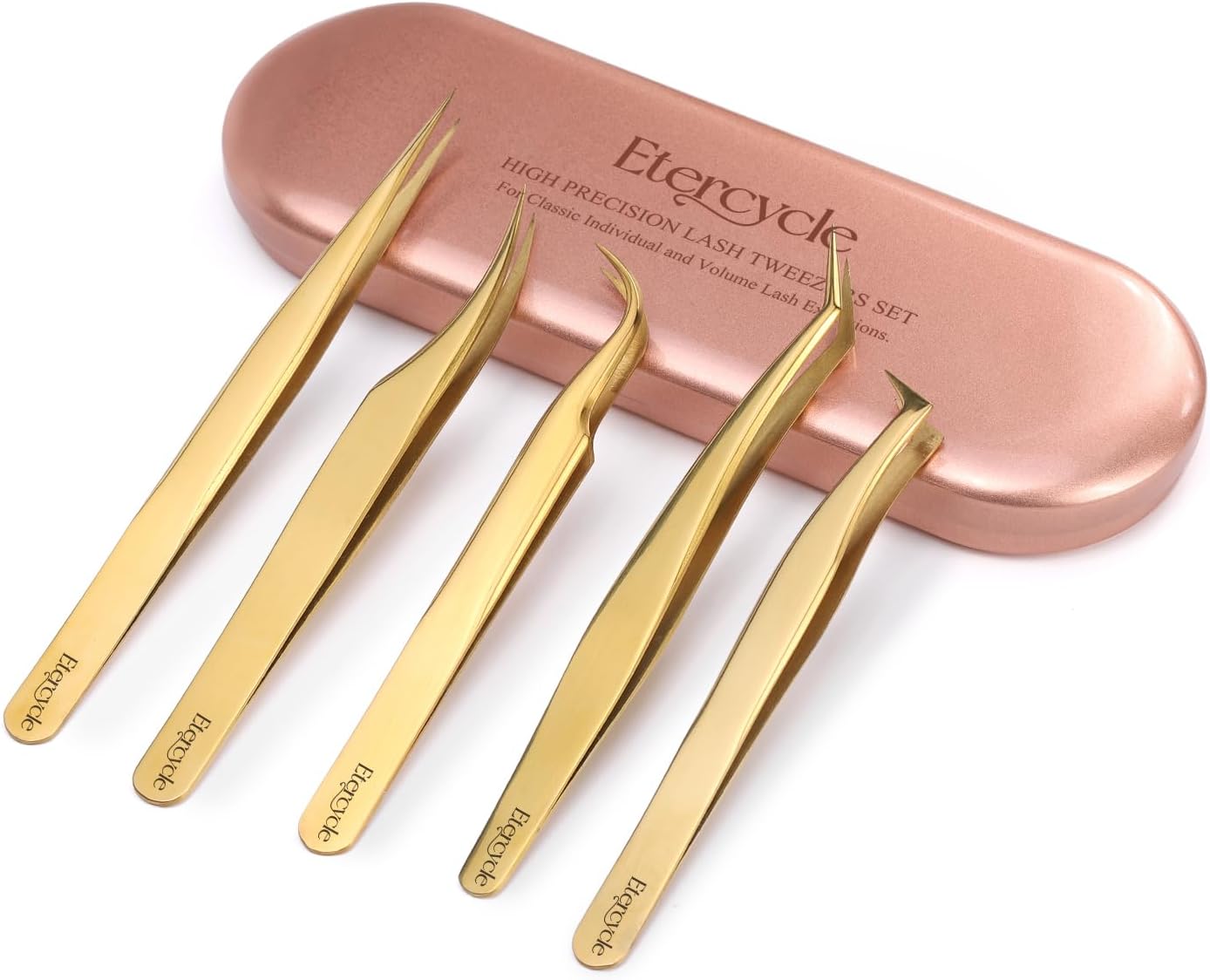 Etercycle High Precision Lash Tweezers Set - Includes 5 Stainless Steel Eyelash Tweezers for Classic Individual and Volume Lash Extensions. Complete with Storage Box