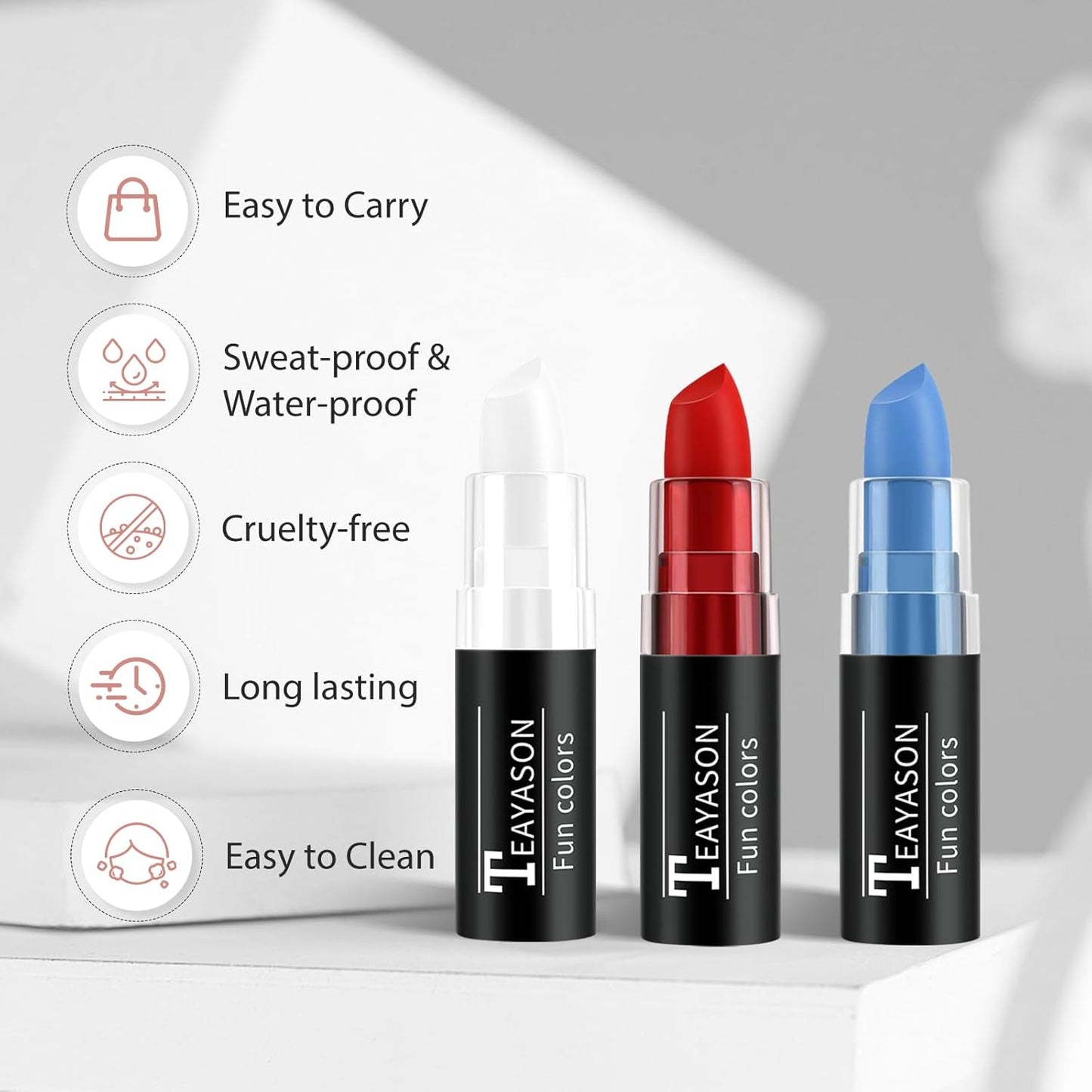 Red Blue White Face Paint Halloween Makeup Kit, Matte Lipstick Set Eye Black Stick, Usa Themed Accessories Flag Color, Body Paint Face Makeup for Halloween Clown Joker