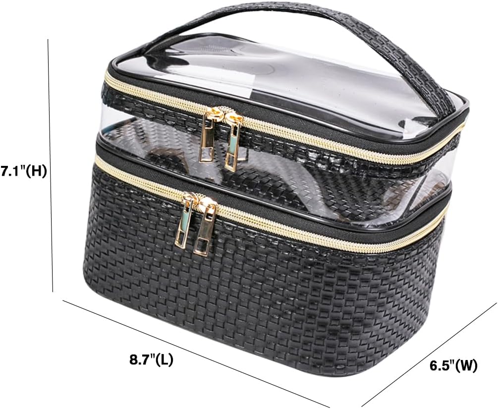 FITINI Makeup Bags Double Layer Travel Storage Cosmetic Cases Make up Organizer Toiletry Bags Water-resistant for Women Makeup Brush Bag,Black Woven Pattern