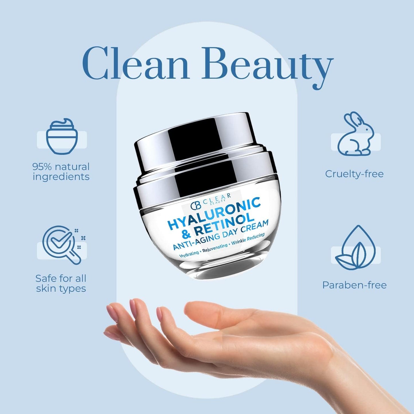 Clear Beauty Hyaluronic & Retinol Face Moisturizer – Hydrating Day Cream For Dry & Mature Skin – Reduces Fine Lines, Firms & Softens Texture – Dermatologist Tested, Korean Skin Care Vegan – 1.69 Fl Oz