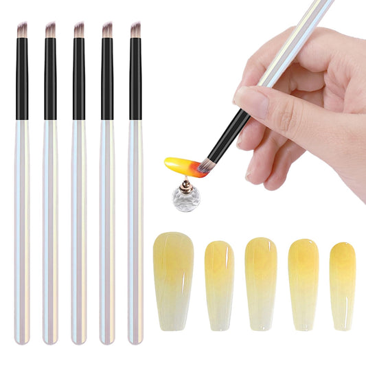 WOKOTO 5 Pcs Oblique-Shaped Nail Ombre Brush For Nails Art Gradient Design Painting Brush With Aurora Color Penholder For Nails Design Brushes For Gel Ombre Nails Art Brushes Manicure Tools