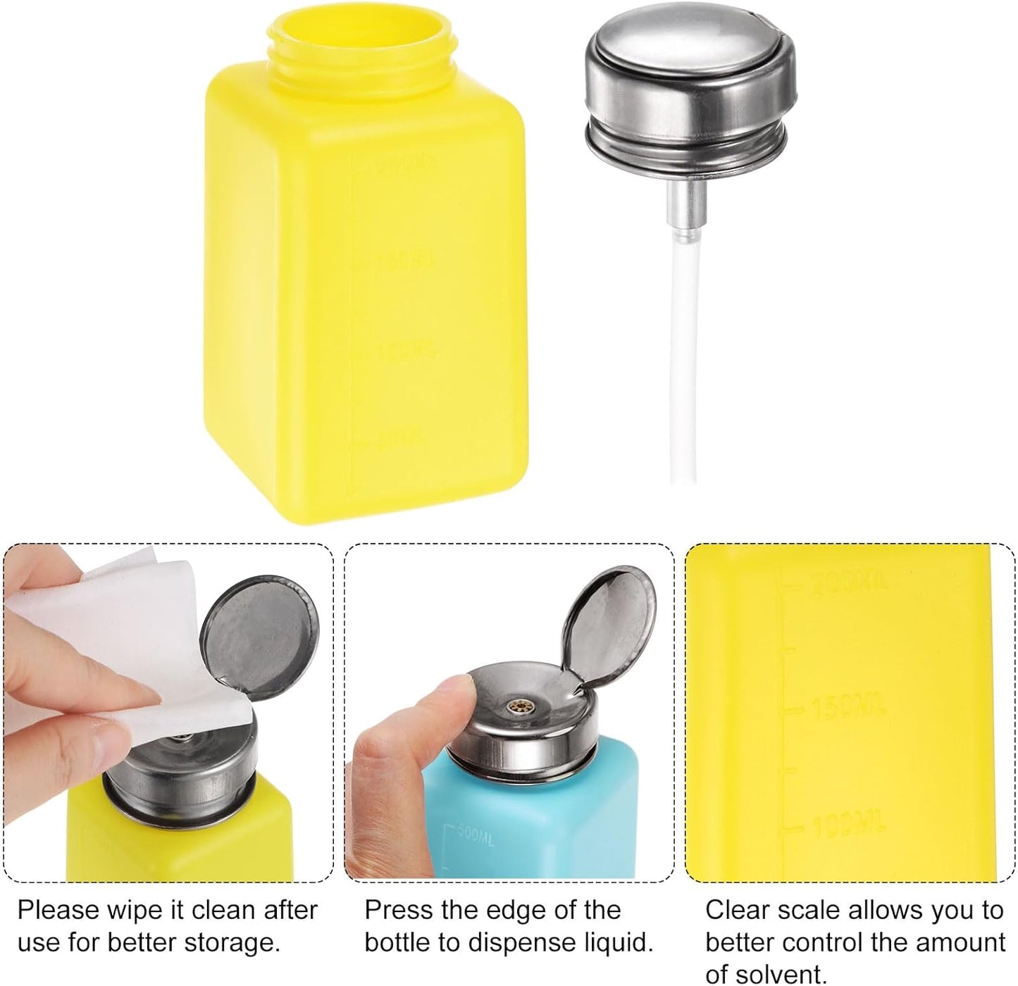 HARFINGTON 4PCS 200ML(6.8oz) Push Down Alcohol Dispenser Pump Liquid Press Empty Bottles Refillable Container for Acetone Cleanser Nail Polish Remover, Yellow