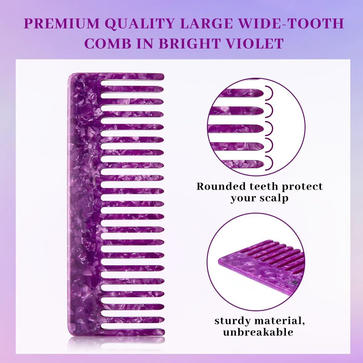 2Pcs Large Bright Violet Wide Tooth Comb for Women, Men, and Kids - Handmade, for Curly Hair. Long and Short Hair Detangler Comb for Wet and Dry Use. Professional Hair Cutting Comb - 6.29 Inches