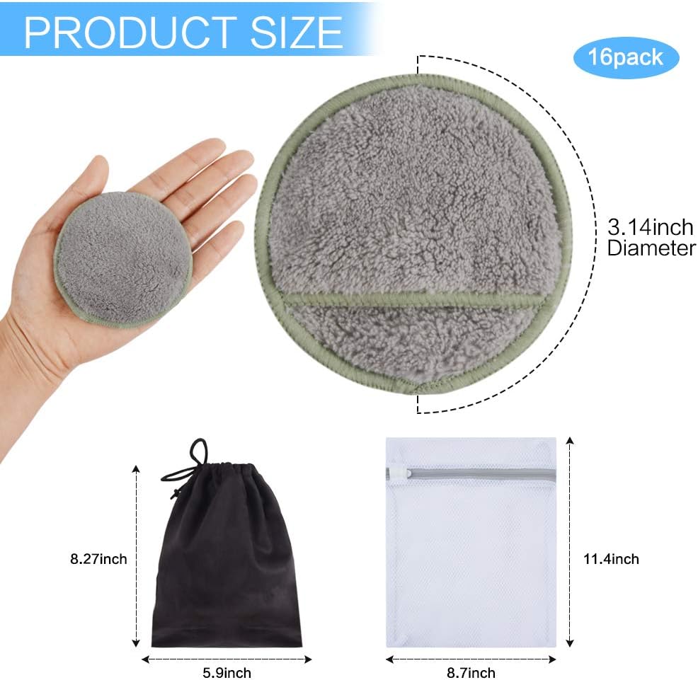 SUNLAND Reusable Makeup Remover Pads for Face,Eye,Lips 16 Pack Microfiber Face Cleansing Gloves Washable with Laundry Bag and Travel Bag Rounds Toner Pads (round 3.15inchx16, grey)