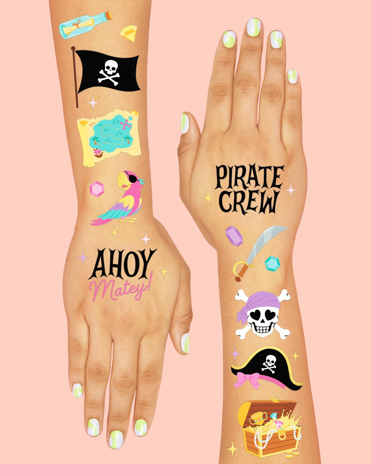 xo, Fetti Pirate Crew Temporary Tattoos - 48 Gold Foil Pcs | Birthday Accessory, Girl Treasure Hunt Decorations, Kids Ahoy Party Favor, Cute Pink Activity