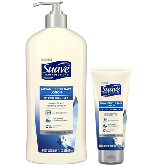 Suave Lotion, Hydro Complex Advanced Therapy Bundle – Daily Moisturizing Body Lotion for Dry Skin with Vitamin E, 18-Oz Pump Bottle + 3-Oz Travel-Size