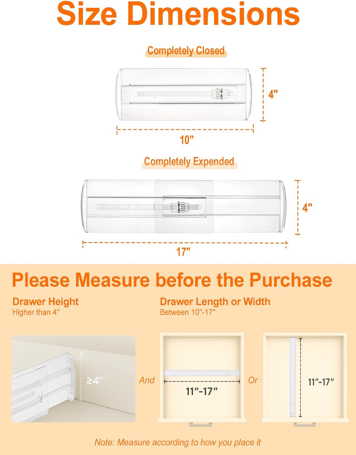 4 Pack Drawer Dividers for Clothes, 4" High 10"-17" Adjustable Drawer Dividers Expandable Dresser Drawer Organizers, Clear Drawer Separators for Clothes, Underwear, Baby Clothes, Cosmetic, Toiletries