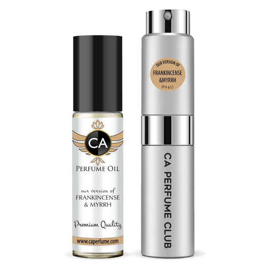 CA Perfume Duo Impression of Frankincense & Myrrh For Women And Men Perfume Layering Set Long Lasting Travel Size EDP + Body Oil Roll-On Bottle 0.27 Fl Oz+0.33 Fl Oz