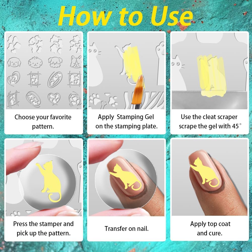 3Pcs Cute Animals Nail Stamping Plate Set Cat Puppy Butterfly Nail Stamp Templates Zebra Cow Texture Metal Reusable Tools with Stamper Scraper for Manicure Printing