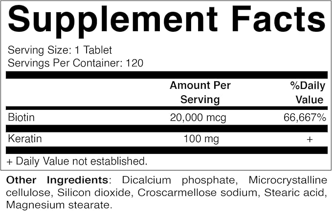 Vitamatic High Potency Biotin 20000 mcg (20mg) with Keratin 100mg - 120 Vegetarian Tablets - Biotin Supplements for Healthy Hair Skin & Nails for Adults (120 Count (Pack of 1))