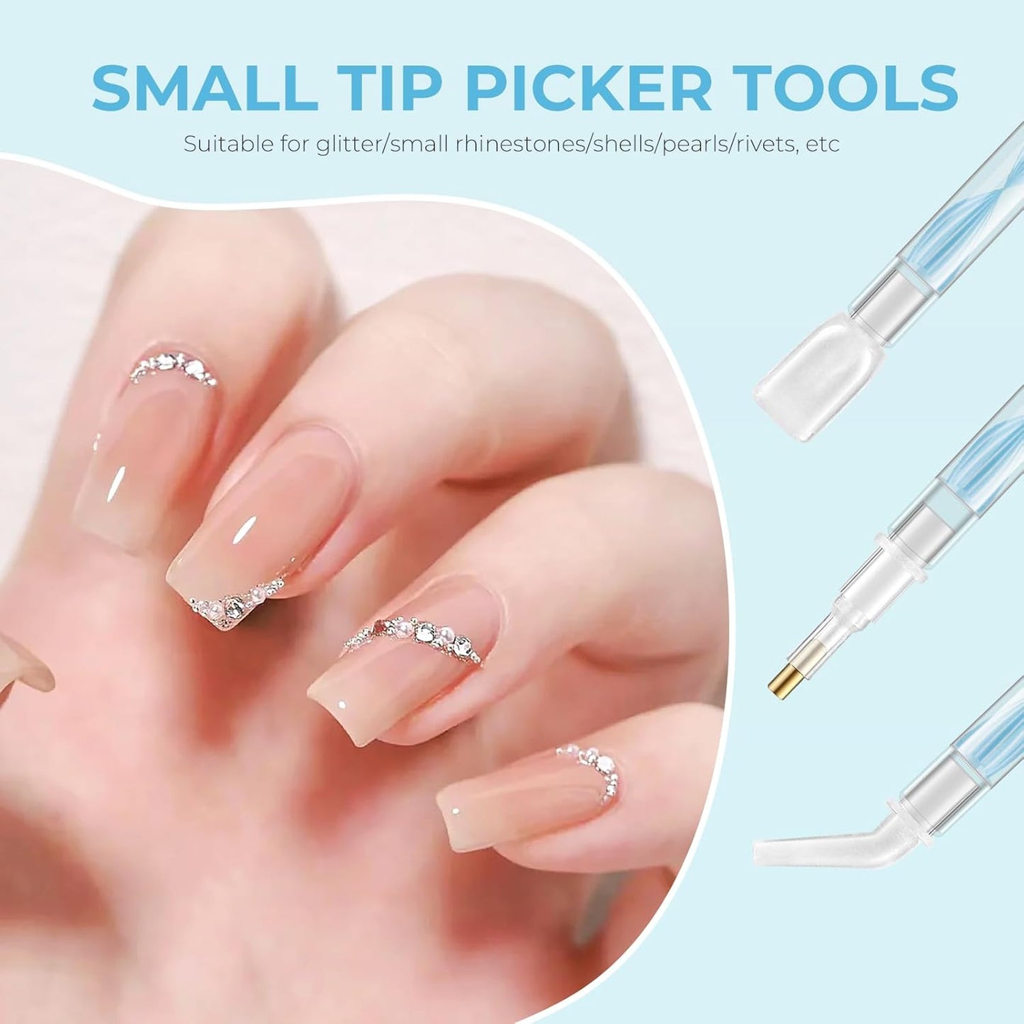 Rhinestone Picker Tool Kit: 2Pcs Rhinestone Picker Handle, Dual-Ended Rhinestones Applicator Dotting Tools Pen with 12 Upgraded Plastic Replacement Tips, Clay for DIY Nail Art Craft (Blue)