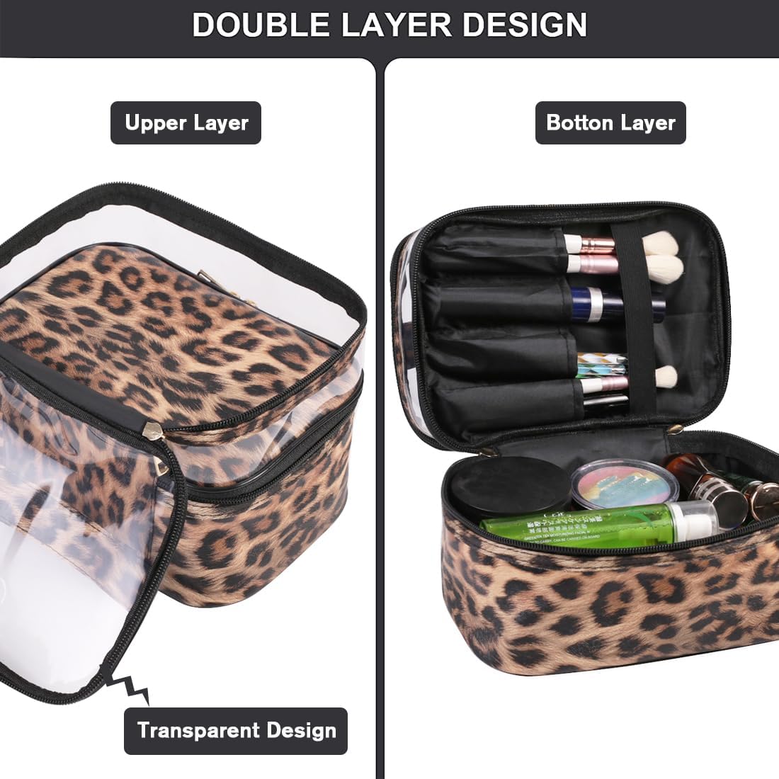 FITINI Makeup Bags Leopard Double Layer Travel Storage Cosmetic Cases Make up Organizer Toiletry Bags Water-resistant for Women Makeup Brush Bag