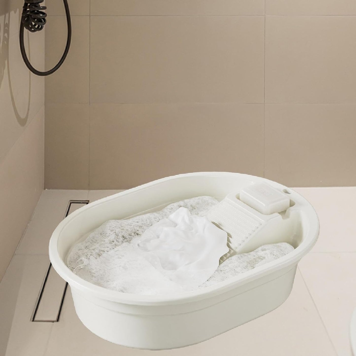 Washboard Basin Laundry Basin Convenient Multifunction Portable Wash Tub Scrubbing Board for Dormitory Hand Wash Home Clothes, White