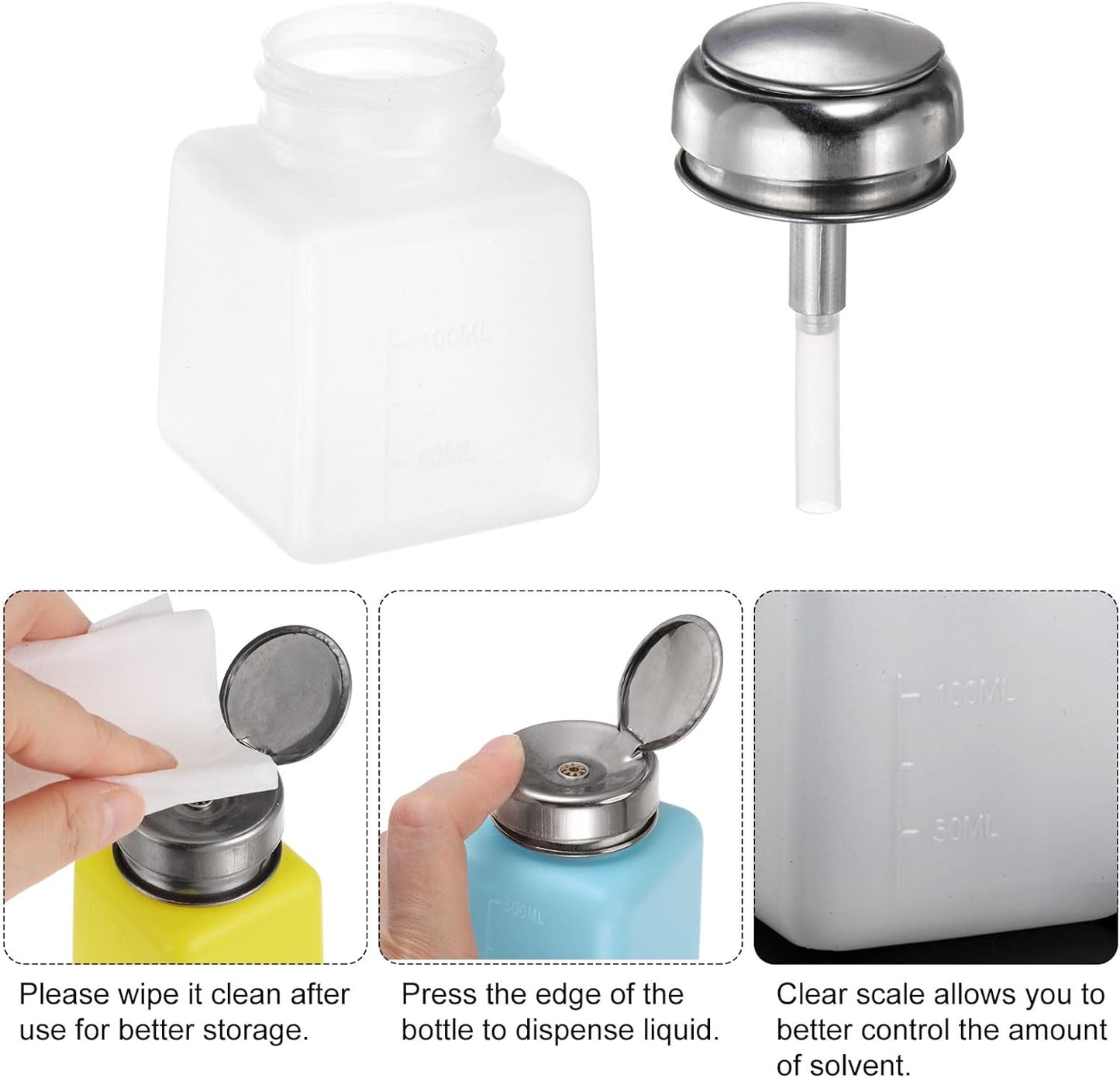 HARFINGTON 4PCS 100ML(3.4oz) Push Down Alcohol Dispenser Pump Liquid Press Empty Bottles Refillable Container for Acetone Cleanser Nail Polish Remover, White