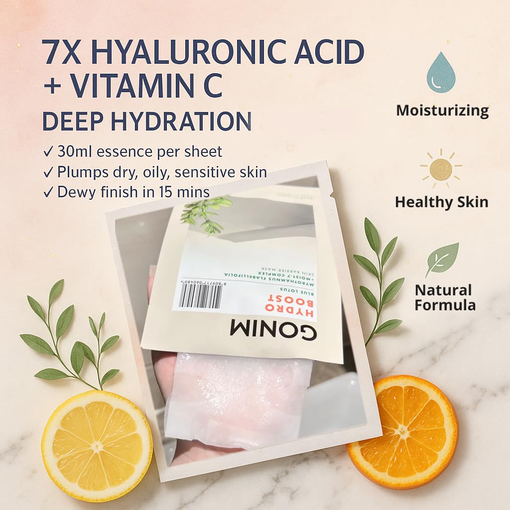 GONIM Face Mask Korean Skin Care with Hyaluronic Acid Serum, Collagen Activation, Vitamin C-Face Masks Skincare Hydration, Moisturizing Sheet Mask, Travel Essentials, Korean Face Mask 30ml x10pcs