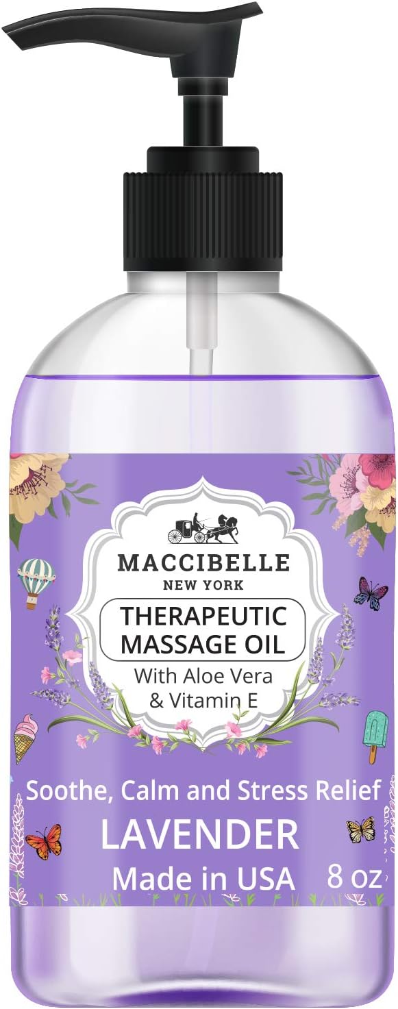 Maccibelle Lavender Massage Oil for Couples Therapeutic Massage with Vitamin E and Aloe Vera a for Soothing, Calming and Muscle Relief 8 oz (Lavender)