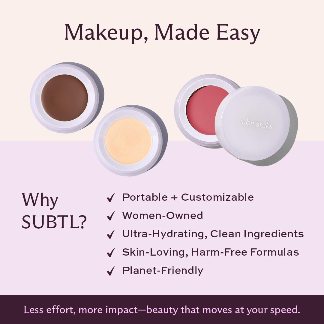 Subtl 3-in-1 Makeup Stack – Cream Bronzer, Powder Highlighter & Lip Glaze for On-the-Go Touch Ups – Lightweight, Travel-Friendly, Blendable Balm (Dark/Truffle)