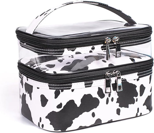 FITINI Makeup Bags Double Layer Cows Travel Storage Cosmetic Cases Largr Make-up Organizer Toiletry Bags Water-resistant for Women Makeup Brush Bag