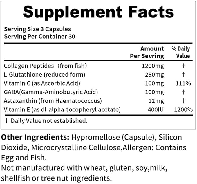 Collagen Peptides L-Glutathione Vitamin C GABA Astaxanthin Vitamin E,Support Skin Health,90 Capsules