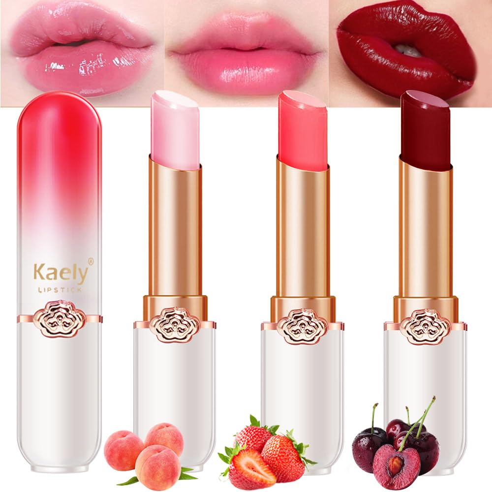 Kaely 3Pcs Peach Strawberry Red Cherry Hydrating Lipstick Tinted Lip Balm, Color Changing PH Lipstick Makeup, Korean Magic Lip Stain Long Lasting Waterproof, labiales magicos 24 horas originales