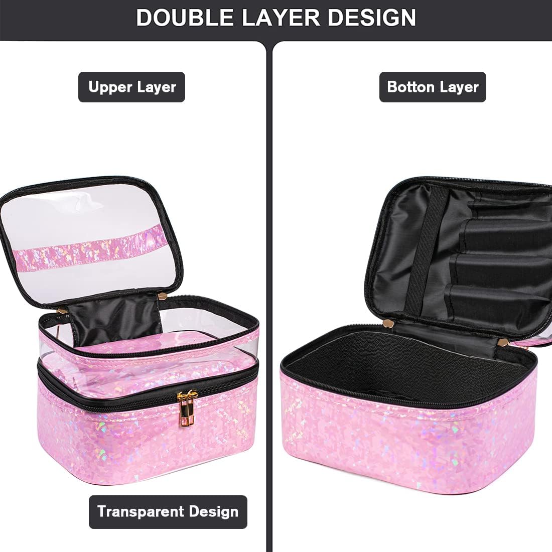 FITINI Makeup Bags Double Layer Travel Storage Cosmetic Cases Make-up Organizer Toiletry Bags Water-resistant for Women Makeup Brush Bag,Light Pink Holographic