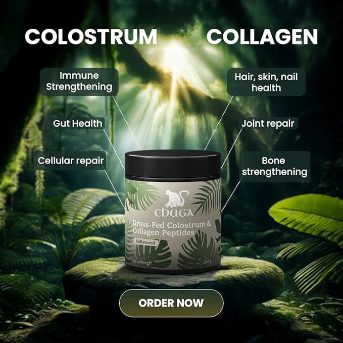 Chuga Grass Fed Colostrum & Collagen Peptides 60 Servings | Enhances Hair & Nails | Glowing Skin | Gut Wall Strengthening