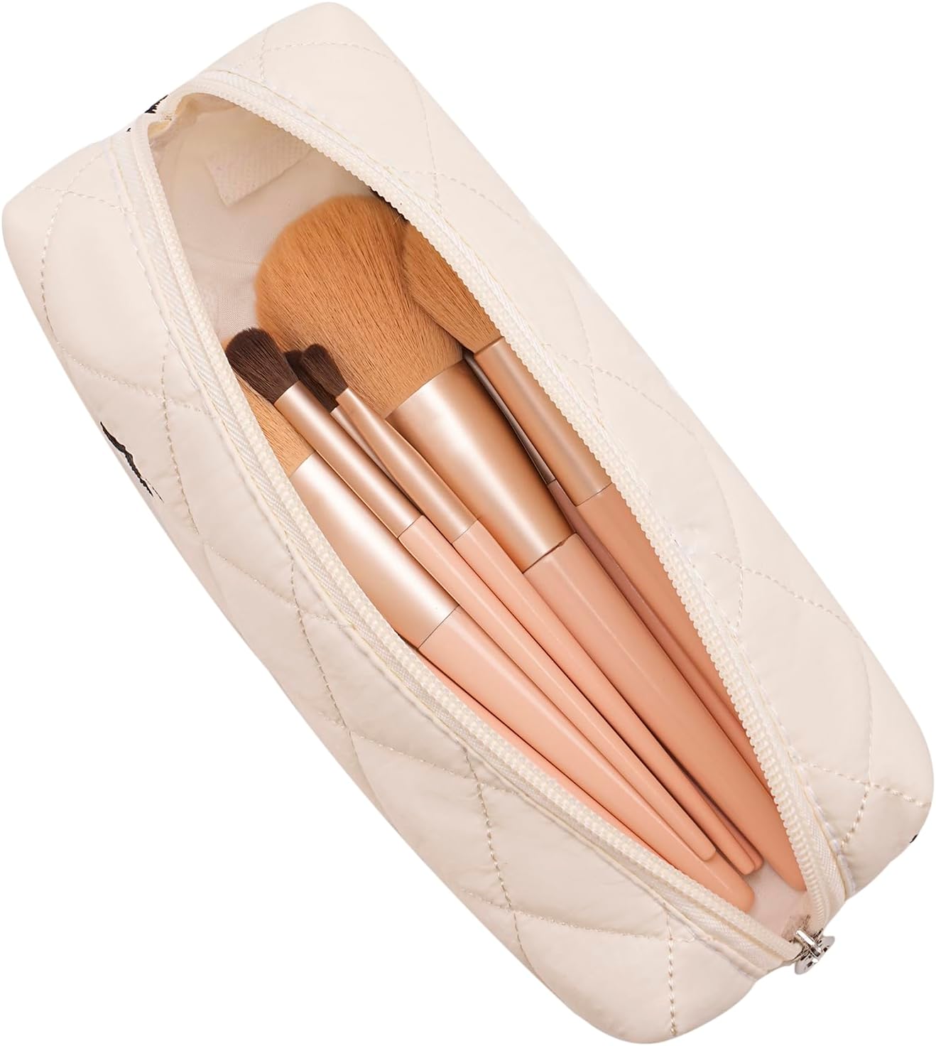 Cute Floral Cotton Makeup Brush Cosmetic Bag for Women, Travel Quilted Zipper Make Up Bag, Flowers Toiletry Organizer Case Kawaii Makeup Cosmetic Travel Cloth Pouch (Beige)