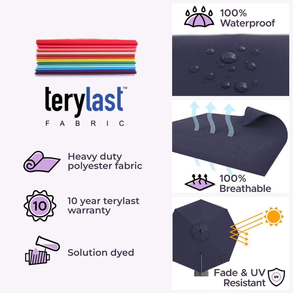 Midtown Umbrellas 10 Ft Outdoor Cantilever Patio Umbrella w/Terylast Navy Blue Fabric - Rotate Tilt 360° Offset Patio Umbrella, Deck Patio Umbrella, Backyard Umbrella & Garden Umbrella - Silver Frame