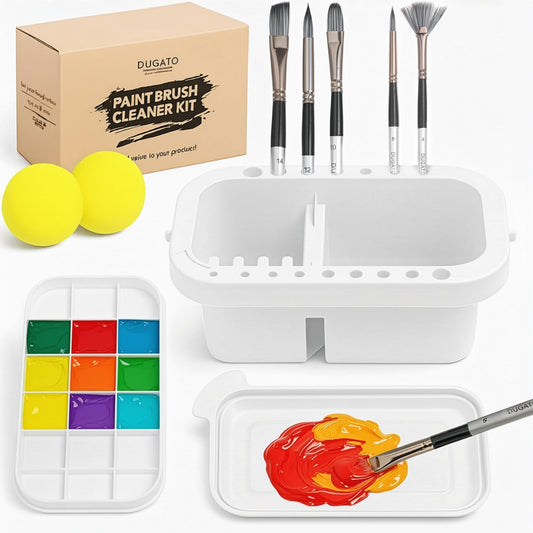 DUGATO 3-in-1 Paint Brush Cleaner Washer, Holder & Palette - Keep Brushes Clean & Organized - Artists Art Cleaning Basin with Lid & 2 Art Sponges for Acrylic, Watercolor, Oil Painting (White)