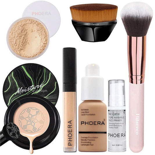 PHOERA Full Coverage Makeup Set - Mushroom Head Air Cushion CC Cream, Concealer, Primer, Powder & Foundation Brushes (105 Sand + 05 Sand CC)