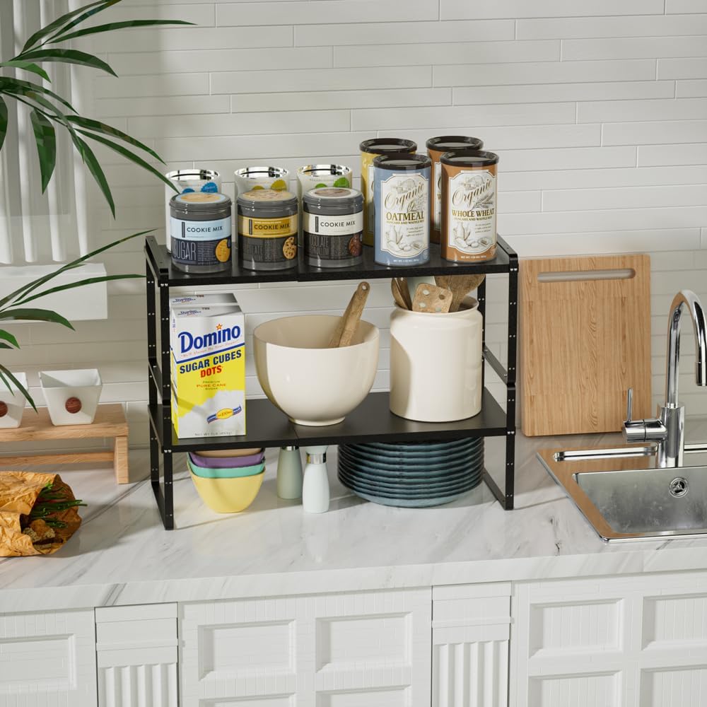 Slideep Expandable Shelf Rack Counter Organizer Shelf 16.54'' to 27.17'', Stackable Cabinet Shelves Organizer Storage Rack Cupboard Stand Spice Rack for Kitchen Bathroom Pantry -Black