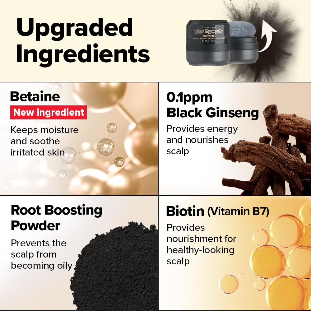 I DEW CARE Biotin Clarifying Dry Shampoo - Tap Secret Black | Strengthening & Volumizing, Powder Type, Refillable, Travel size, Non-aerosol, Brunette, Korean Ginseng, 0.24 Oz