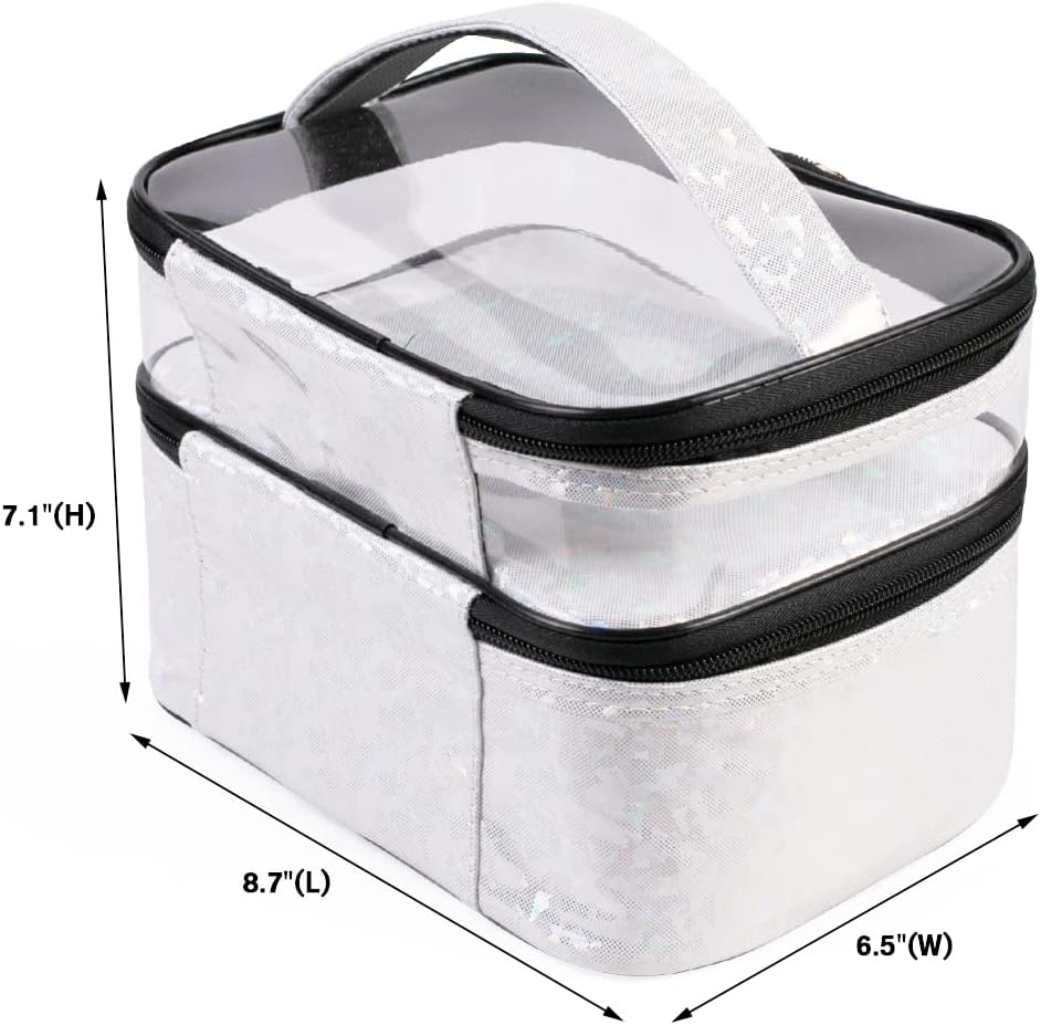 FITINI Makeup Bags Double Layer Travel Storage Cosmetic Cases Make up Organizer Toiletry Bags Water-resistant for Women Makeup Brush Bag (White Holographic)