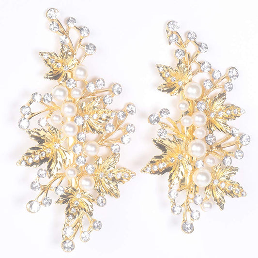 Wedding Hair Clips (2 Pcs) - Rhinestone Pearl Hair Accessories for Bridal Women (Gold)